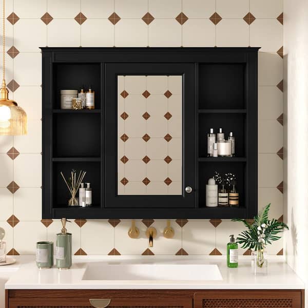 Black 35 in. W x 27.5 in. H Wall Mounted Rectangular Medicine Cabinet with Mirror