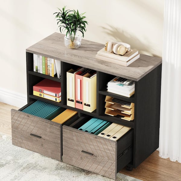 Atencio 2-Drawer Black and Gray Filing Cabinet, Wood 39.37 in. W Lateral File Cabinet, Movable File Cabinet with 5-Shelf