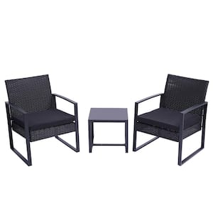 3-Piece Outdoor Rattan Wicker Patio Conversation Set Outdoor Coffee Table and Chairs with Black Cushions
