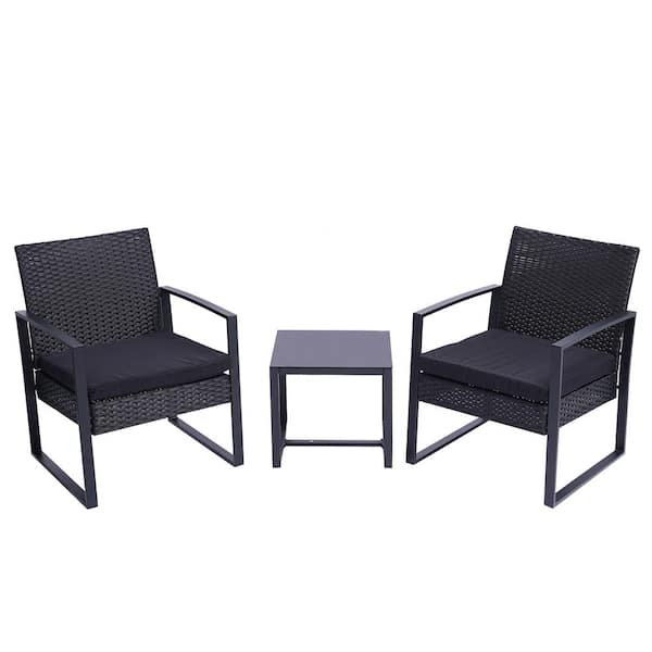 Amucolo 3-Piece Outdoor Rattan Wicker Patio Conversation Set Outdoor Coffee Table and Chairs with Black Cushions