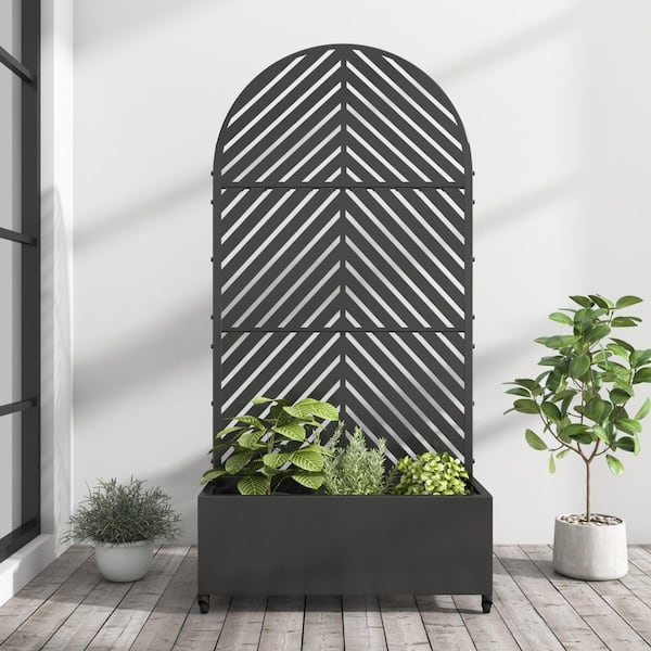 72 in. x 35 in. Arched-Top Black Outdoor Metal Privacy Screen Raised Planter Box Wall Decor
