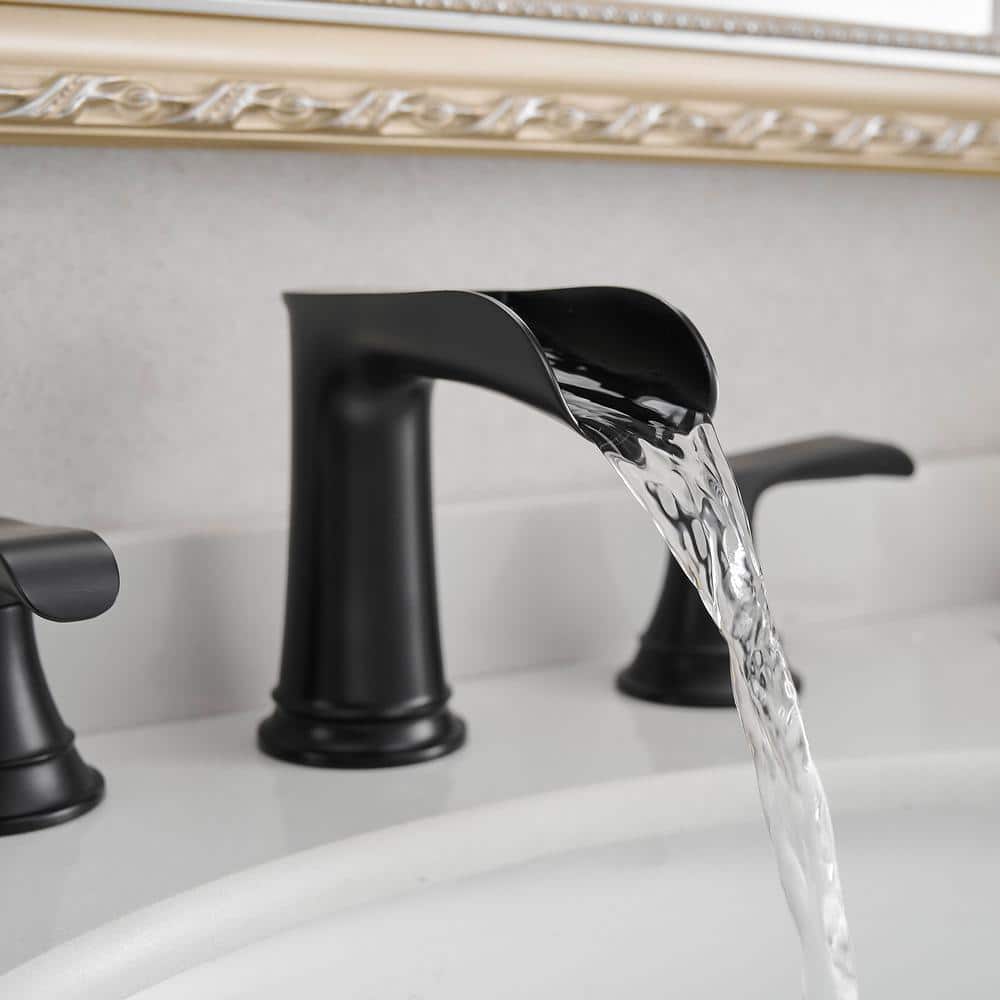 Matte Black Brass 8-Inch Widespread Waterfall Bathroom Faucet