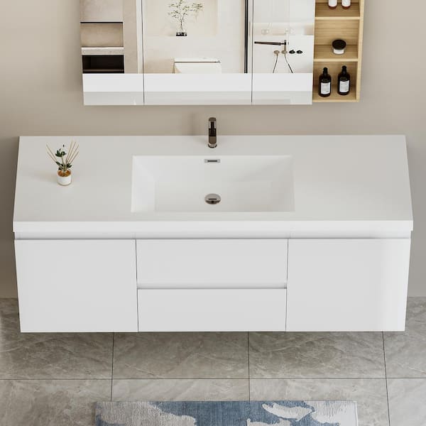 60 in. W Floating Bathroom Vanity in Glossy White with White Resin Top Basin, Soft Close Drawers