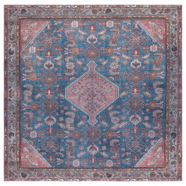 SAFAVIEH Tucson Blue/Rust 6 ft. x 6 ft. Machine Washable Ornate Aztec Square Area Rug