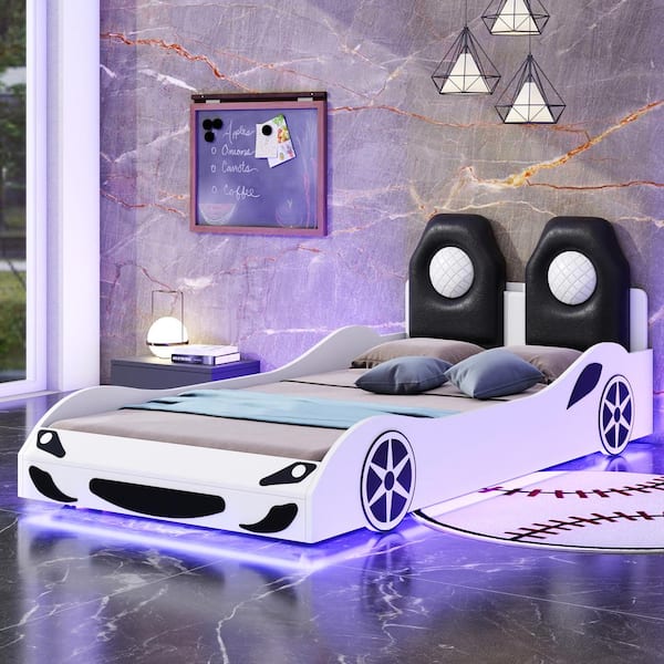 Qualler White Wood Frame Twin Car-Shaped Platform Bed with LED Strip and Upholstered Backrest