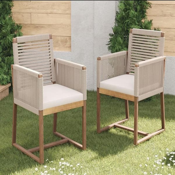 Unbranded 2-Piece Light Brown Acacia Wood Outdoor Dining Chairs, Patio Armchair with White Cushions for Backyard, Garden
