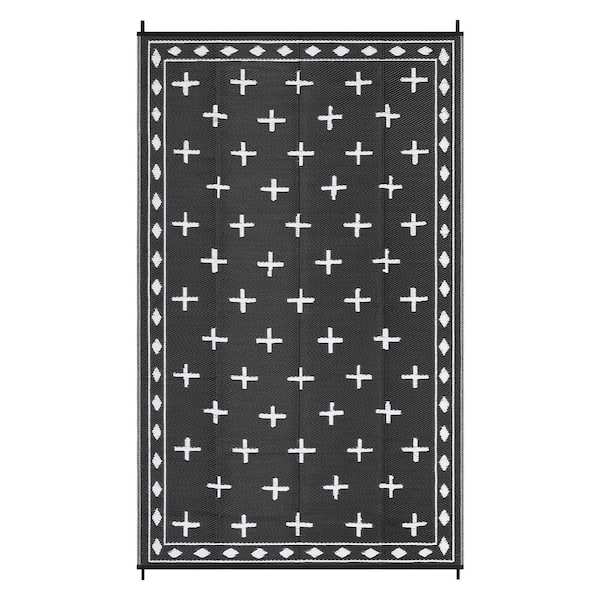 Black 10 ft. x 14 ft. Reversible Waterproof Outdoor Rug Plastic Straw Patio Carpet for Deck, Porch, Balcony Area Rug