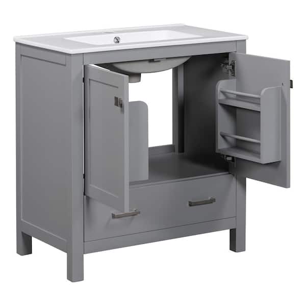 30 in. W x 18.3 in. D x 34 in. H Gray Bathroom Vanity Freestanding Single Sink, Soft Closure, Top w/ White Ceramic Basin