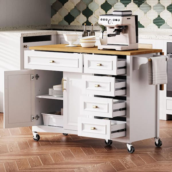 52 in. White MDF Kitchen Cart with Drop Leaf