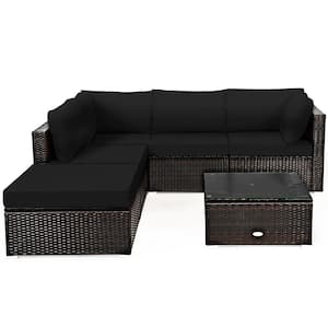 6-Piece Wicker Rattan Outdoor Patio Sectional Sofa Set Outdoor Furniture Set with Black Cushions