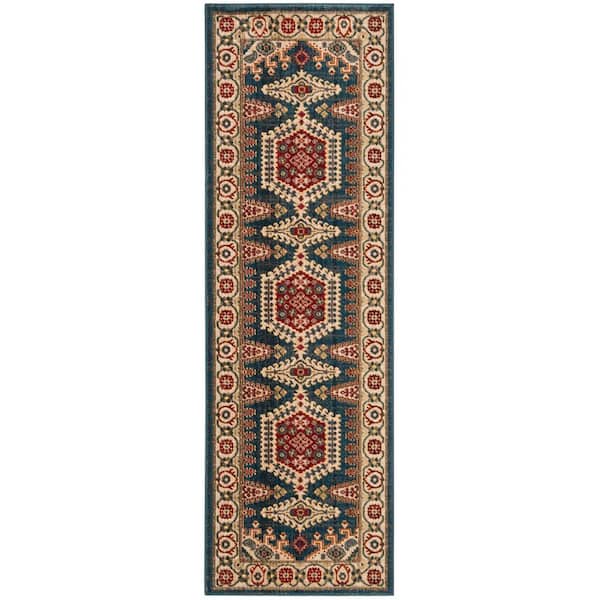 Kashan 3 ft. x 6 ft. Navy Blue/Ivory Medallion Runner Rug