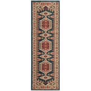 Kashan Navy Blue/Ivory 3 ft. x 8 ft. Border Runner Rug