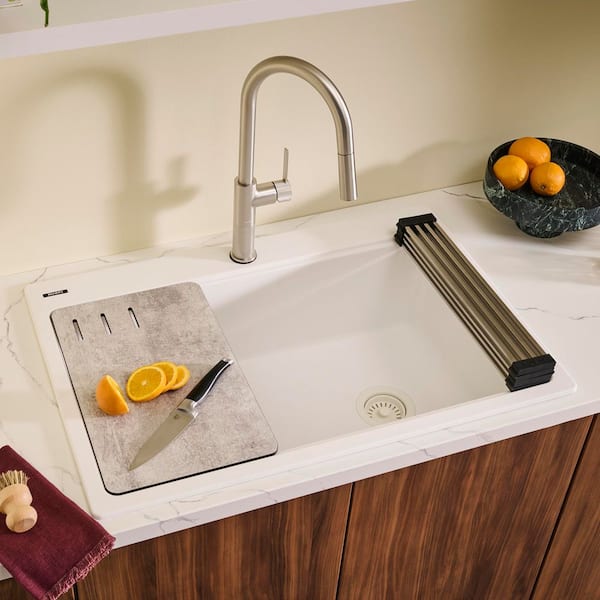EpiStage 33 in. Drop-in Single Bowl Workstation Kitchen Sink in Arctic White Granite Quartz Composite with Accessories