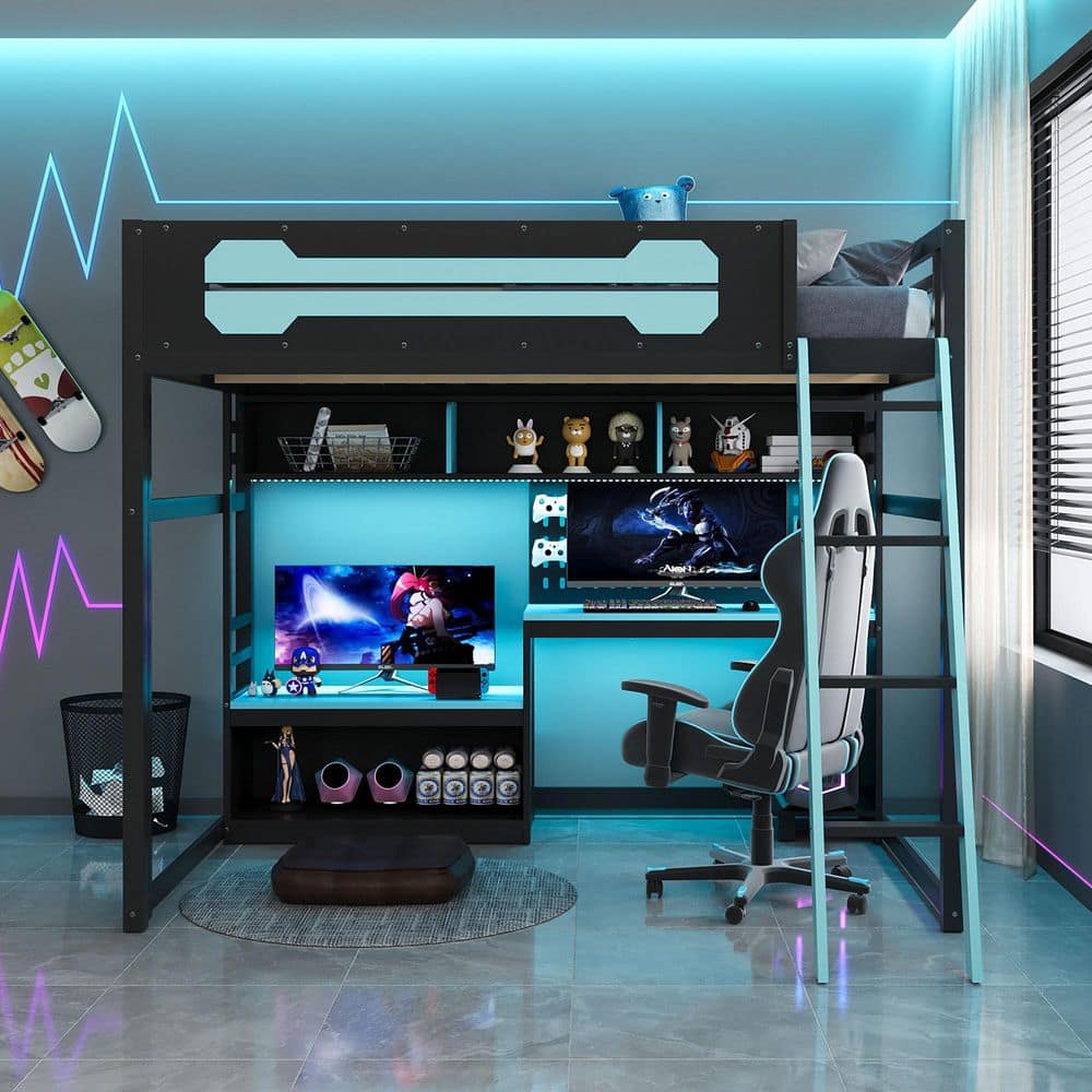 Black and Blue Full Size Modern Wood Gaming Loft Bed with Ladder, LED Lights, Pegboard, Desk, USB Ports and Shelves