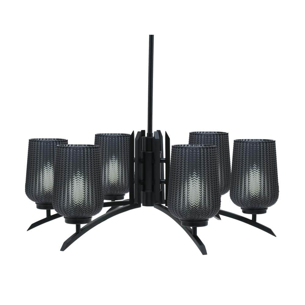Siena 6-Light Matte Black Chandelier, Round Chandelier with Smoke Glass Sha