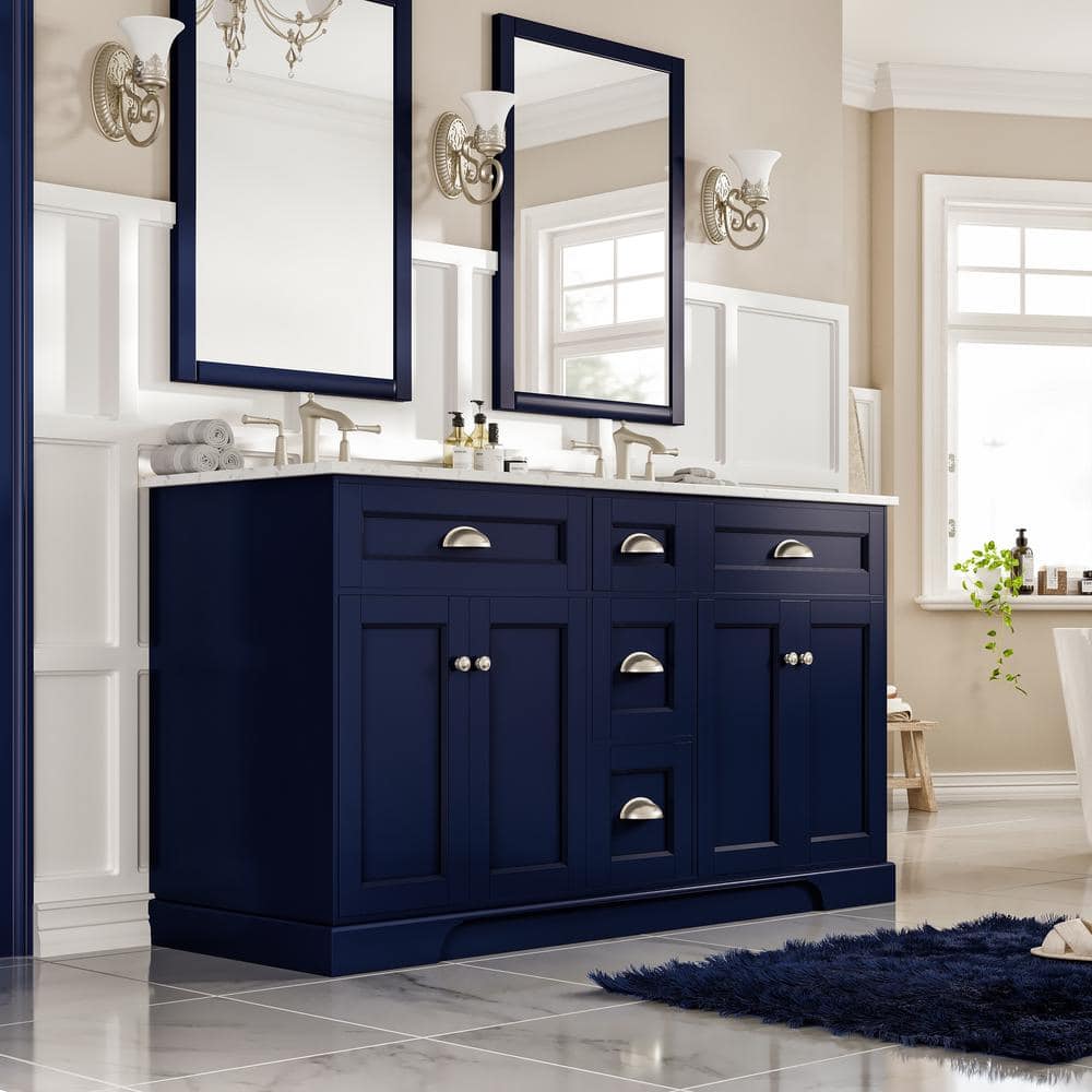 Epic Blue Solid Wood Double Sink Bathroom Vanity with Quartz Top