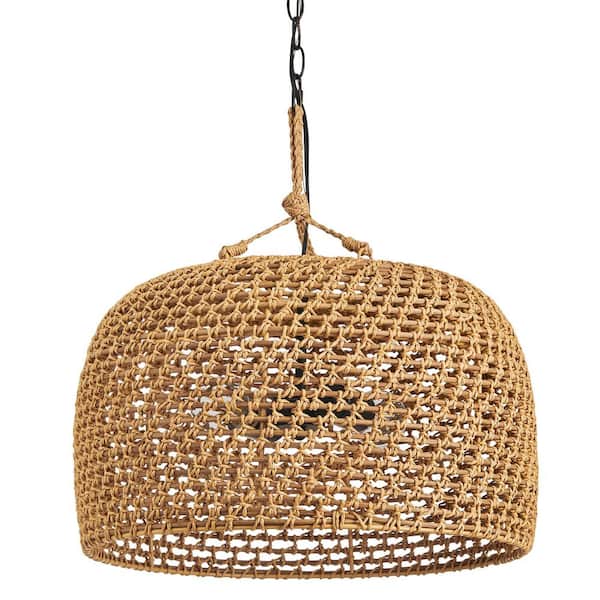 Summerpoint 120-Watt 2-Light Black Shaded Pendant Light with Natural Woven Shade, No bulbs Included