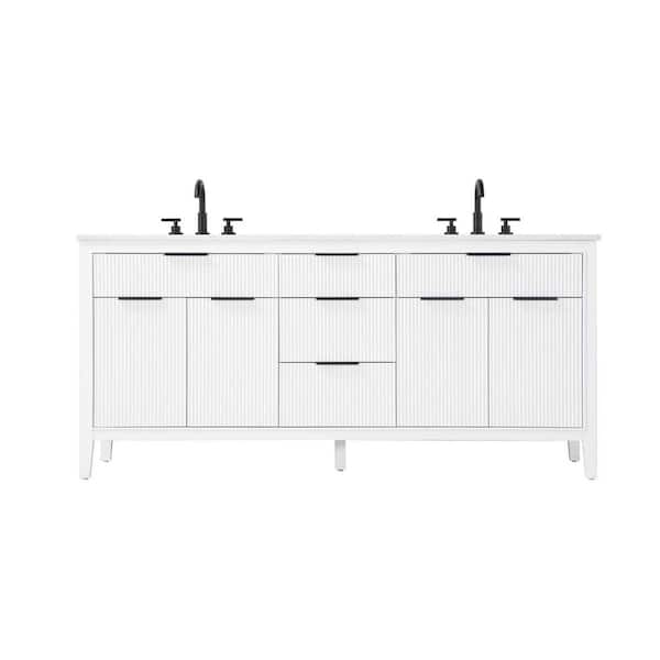 72 in. Double Sink Freestanding White Bath Vanity with Marble White Engineered Marble Top