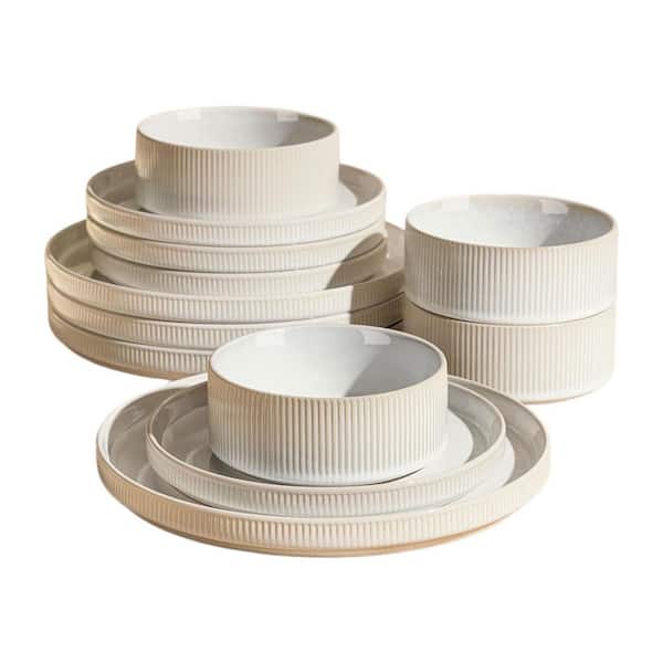 12 Pieces Reactive White Ceramic Dinnerware Porcelain Lightweight Plates and Bowls Sets Scratch Resistant, Service for 4