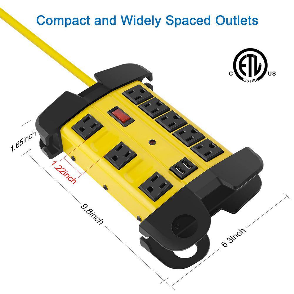 Yellow Heavy Duty Industrial Metal Power Strip with USB and 6 ft Cord