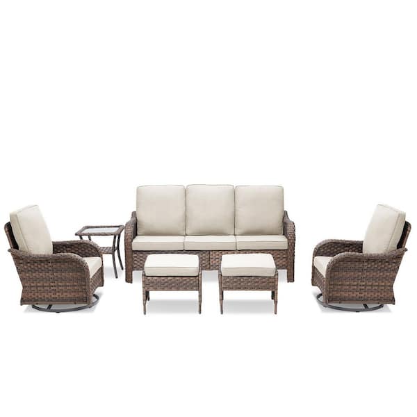 6-Piece Wicker Swivel Patio Conversation Set, Sofa, Swivel Chairs, Footstools and Table with Beige Cushions