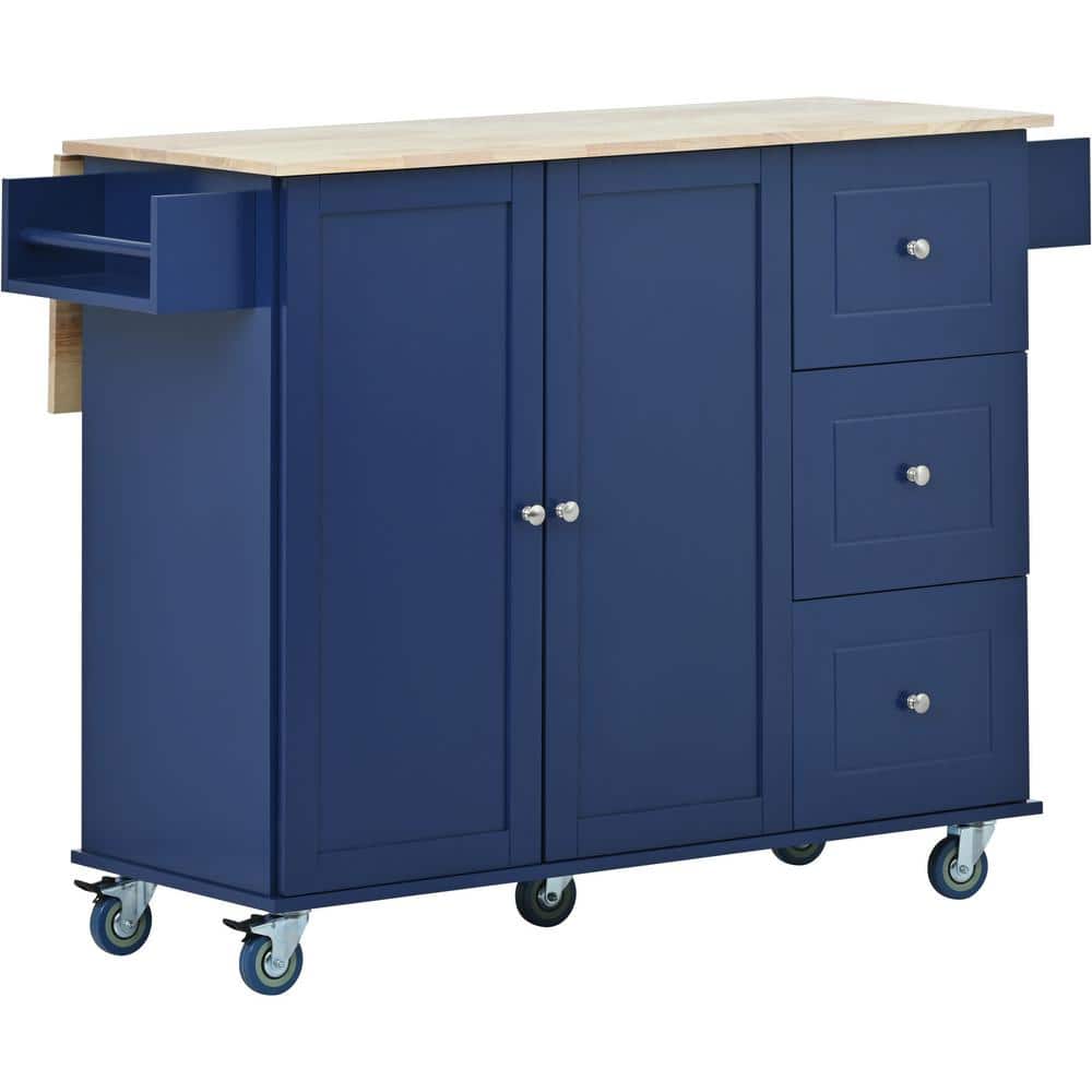 Dark Blue Solid Wood Kitchen Cart with Drop-Leaf Breakfast Bar, Spice Rack,
