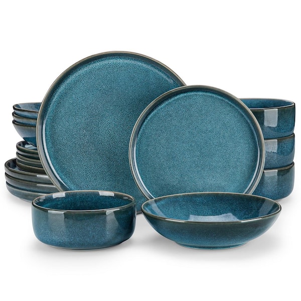 16-Piece Blue Stoneware Dinnerware Set (Service for 4) Reactive Glaze Tableware Bowls and Plates Dinner Set