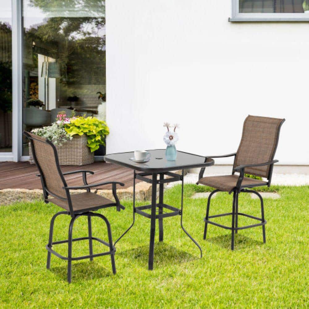 Brown Steel Frame Bar Height Swivel Armchairs, Set of 2