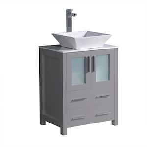 Torino 24 in. Bath Vanity in Gray with Glass Stone Vanity Top in White with White Vessel Sink