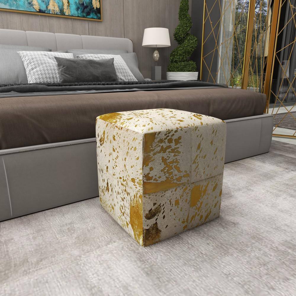 Gold and Beige Leather Box Pouf Stool