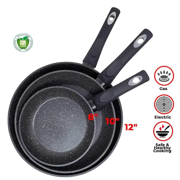 LavoHome Royal Marble 3-Piece Aluminum Nonstick Frying Pan Set in Black