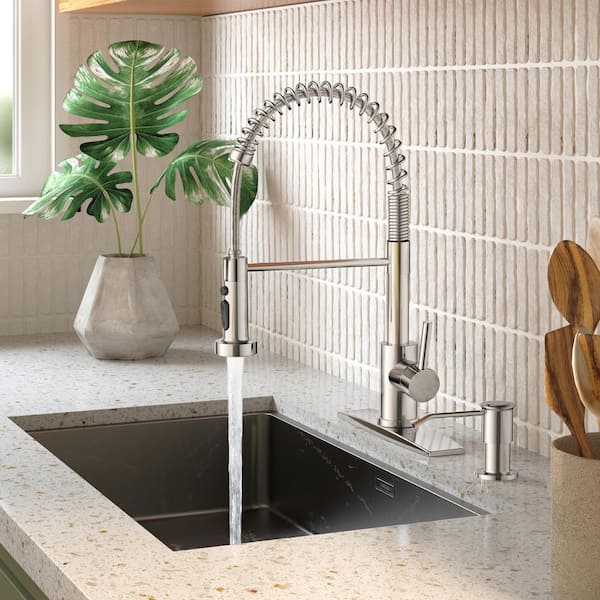 Single-Handle Pull Down Sprayer Kitchen Faucet Coil Spring Gooseneck with Soap Dispenser Stainless Steel in Chrome