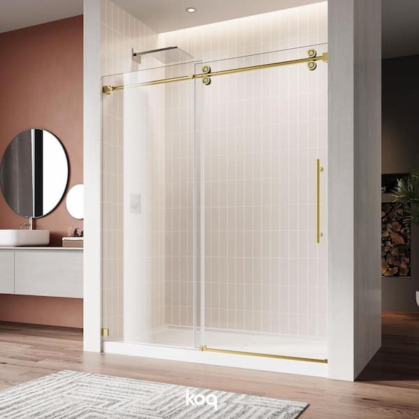 KOQ 48 in. W x 76 in. H Single Sliding Frameless Shower Door in Brushed Gold with 3/8 in. Clear Tempered Glass