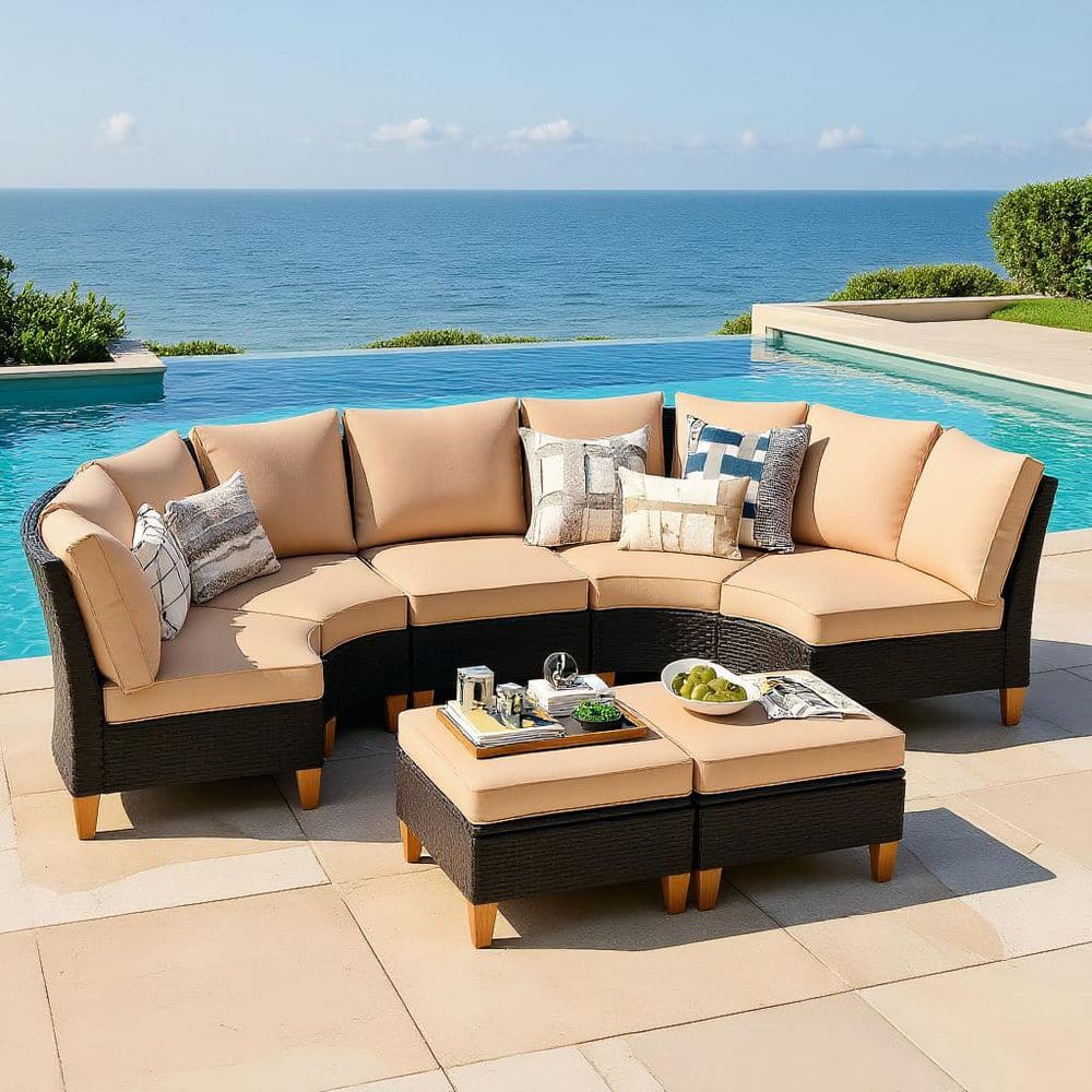 7-Piece Gray Wicker Outdoor Sectional Set with Beige Cushions for Patio, Garden, Backyard price history on PriceWatchPro