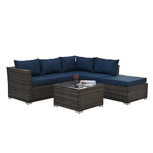 4-Pieces Dark Gray PE Wicker Outdoor Sectional Set with Navy Blue Cushions, Tempered Glass Coffee Table