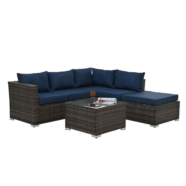 grossag 4-Pieces Dark Gray PE Wicker Outdoor Sectional Set with Navy Blue Cushions, Tempered Glass Coffee Table