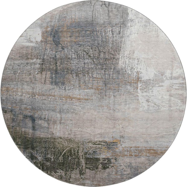Mayfield Premium Machine Washable Abstract AMF2117 Putty 8 ft. x 8 ft. Round Rug