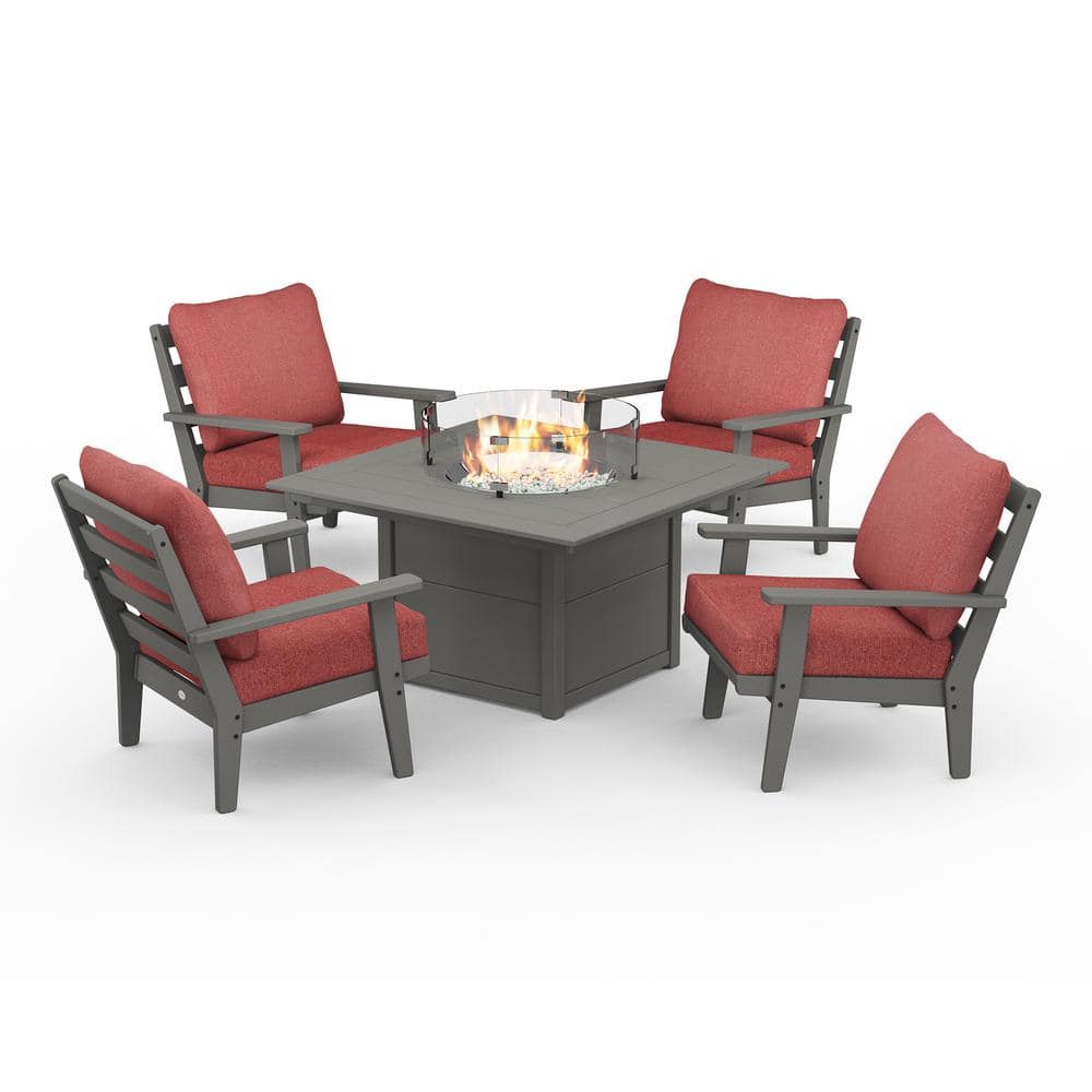 POLYWOOD Grant Park Grey 5-Piece Plastic Patio Deep Seating Conversation Set with Fire Pit Table with Silver Garnet Cushions