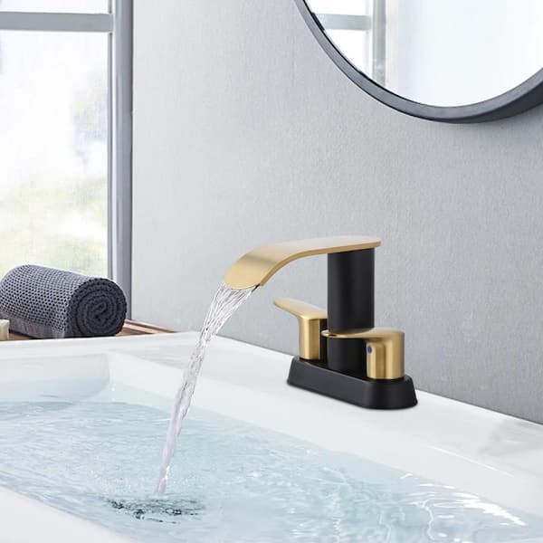 4 in. Centerset Double Handle Waterfall Bathroom Faucet with Drain Kit Included in Black and Gold