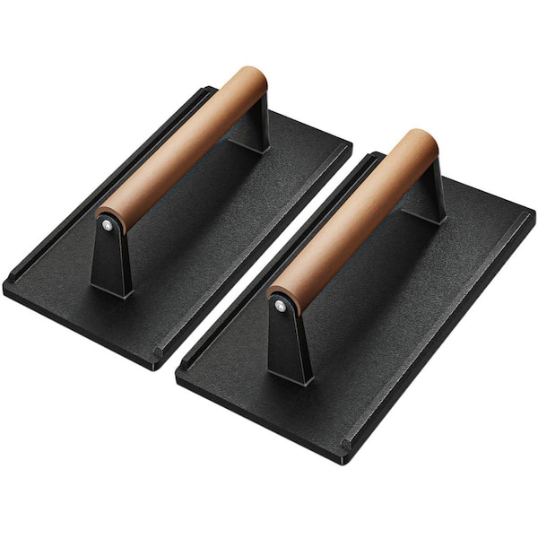 8.27 in. x 4.25 in. x 3.35 in. Cast Iron Grill Press with Wood Handle for Steak, Meat, Sandwich, and Panini (2-Pack)