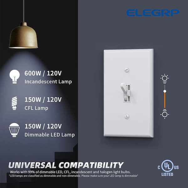 ELEGRP Dimmer Switch for Dimmable CFL and Incandescent Bulbs, Single Pole/3-Way, with Wall Plate, White DM101S-WH6 - The Home Depot