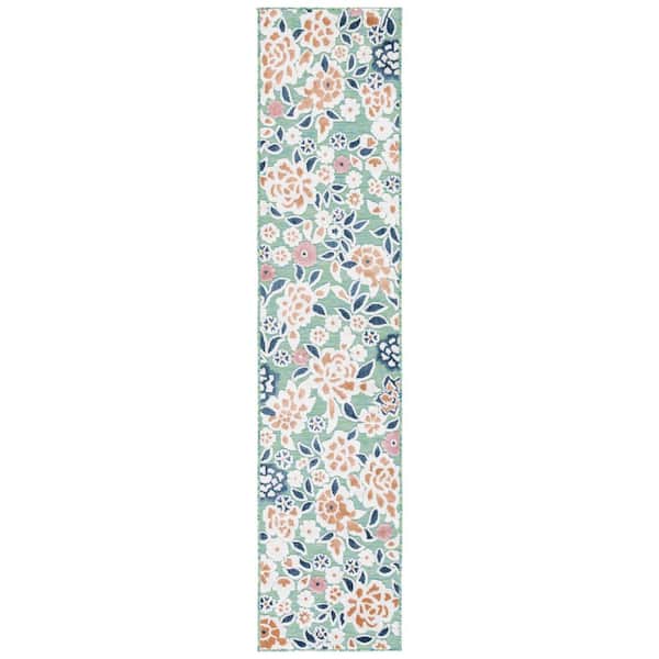 Cabana Green/Navy 2 ft. x 7 ft. High-Low Floral Indoor/Outdoor Runner Rug