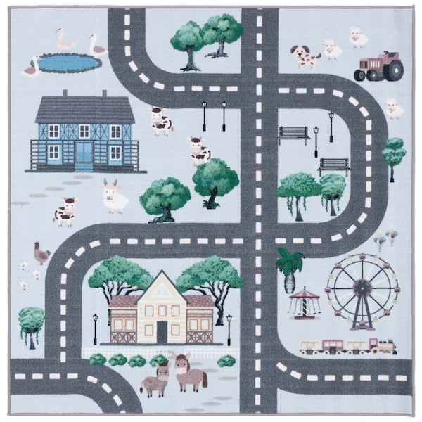 SAFAVIEH Kids Playhouse Blue/Dark Gray 5 ft. x 5 ft. Machine Washable Novelty Animal Print Square Area Rug