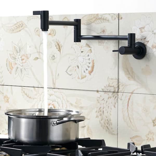 Brass Wall Mounted Pot Filler with 2 Handles and Standard 1/2 NPT Threads in Matte Black