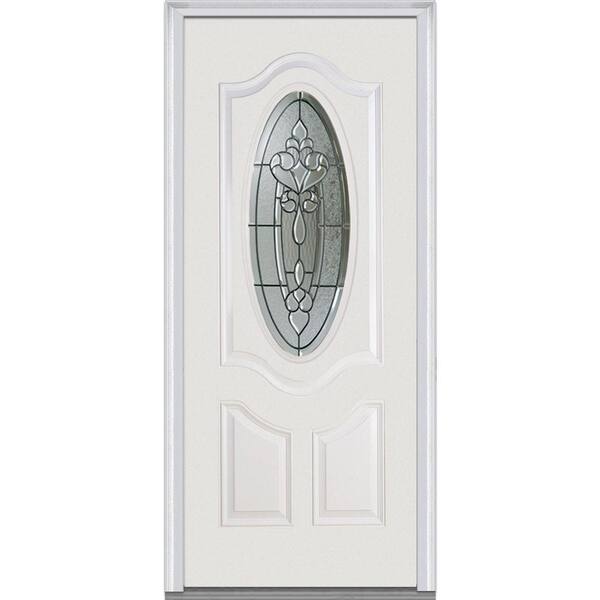 Milliken Millwork 36 in. x 80 in. Fontainebleau Decorative Glass 3/4 Oval 2-Panel Primed White Fiberglass Smooth Prehung Front Door