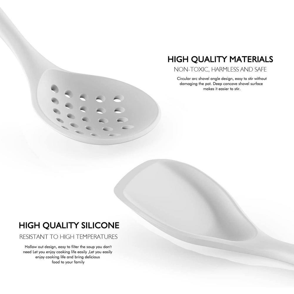 Cream White Silicone Cooking Utensils Set with Wooden Handles