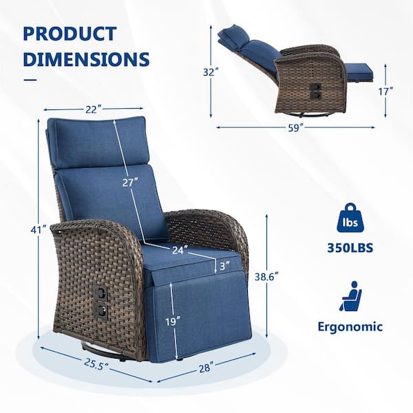 Comfort Series Brown Wicker Outdoor Versatile Pneumatic Swivel Lounge Chair for Patio with CushionGuard Blue Cushions
