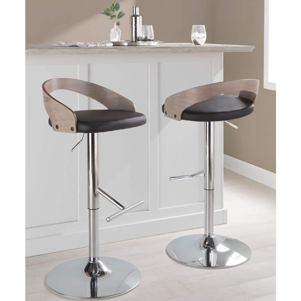 Adjustable Black PU and Grey Wood Swivel Barstool with Chrome Base
