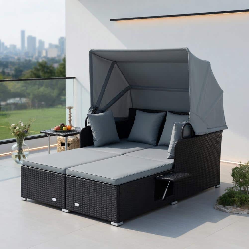 Outdoor Rattan Daybed with Retractable Canopy & Foldable Trays – Gray PE Wicker, 800 lb Capacity for Patio & Poolside