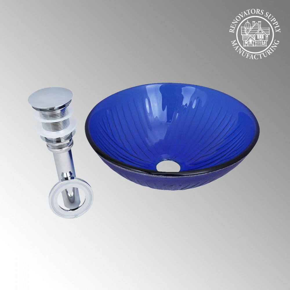 Royal Blue Tempered Glass Round Vessel Sink with Chrome Drain